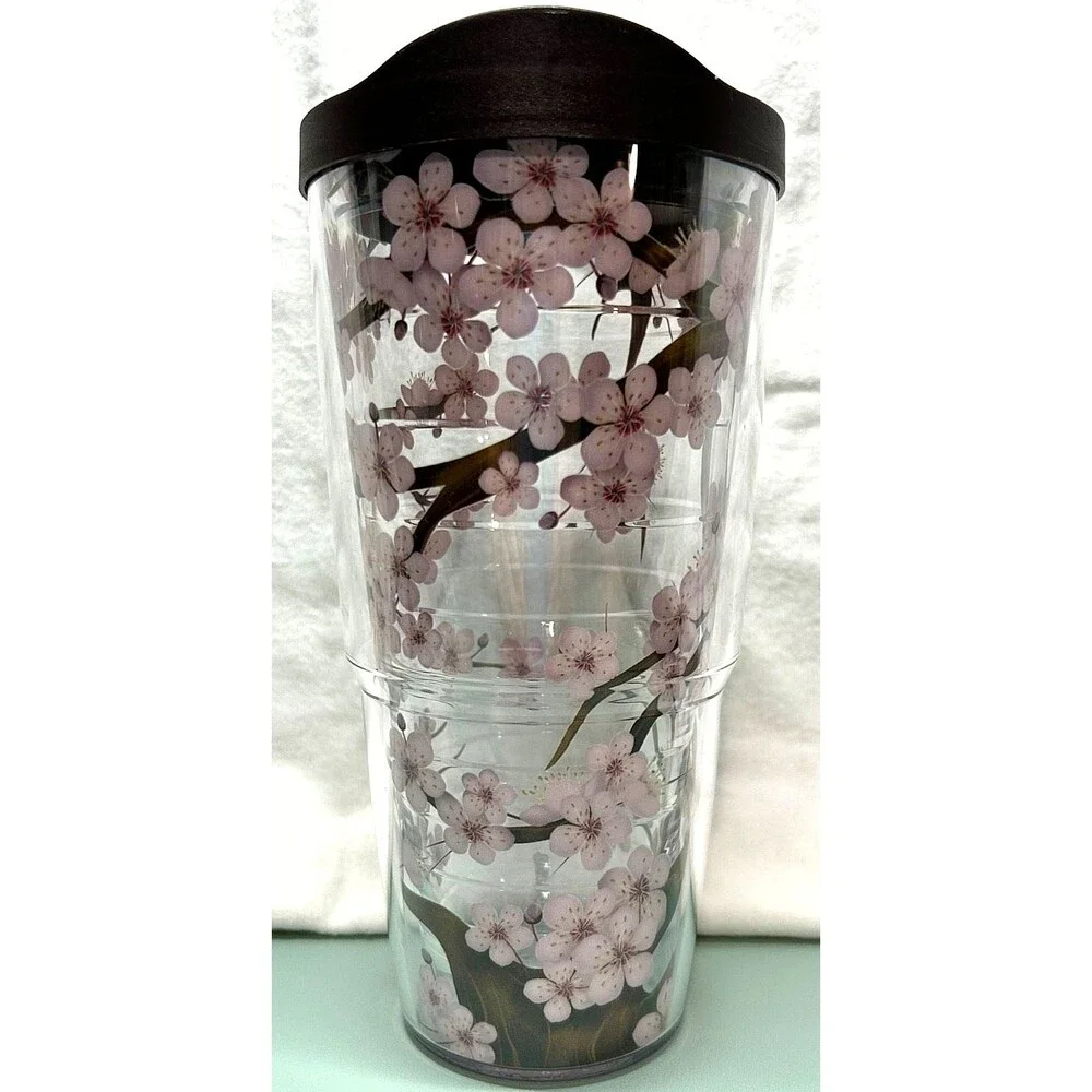 24 oz Tervis Tumbler with Brown Lid and Pink Dogwood Flowers